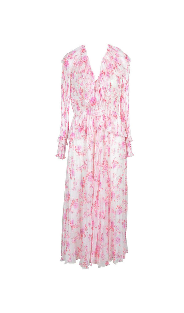 RUFFLED FLORAL-PRINT PLISSÉ-CHIFFON MAXI DRESS