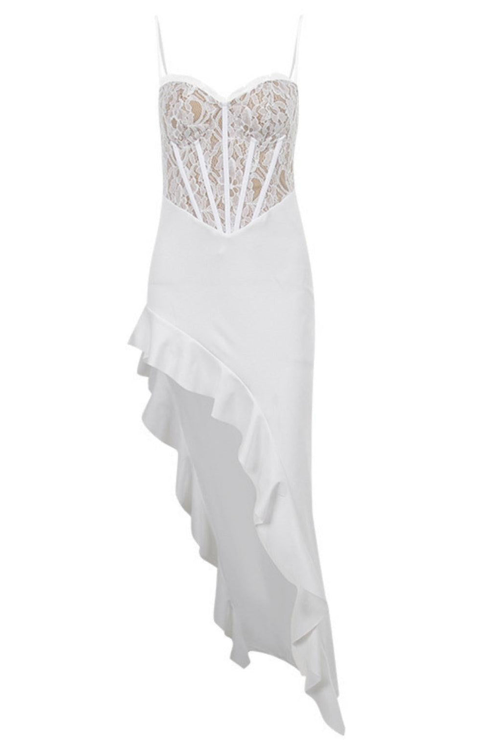 LACE ASYMMETRIC RUFFLE MIDI DRESS