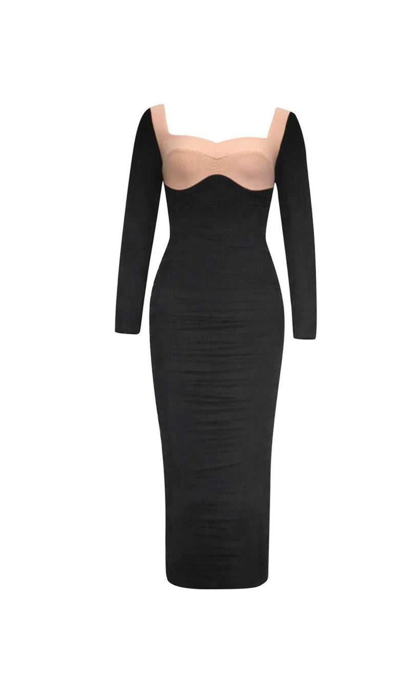 LONG SLEEVE HIGH SPLIT BANDAGE MIDI DRESS