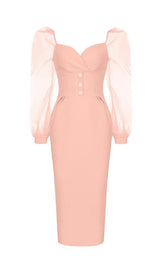 MESH SLEEVE BODYCON MIDI DRESS IN BLUSH PINK