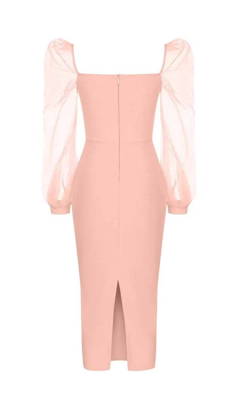 MESH SLEEVE BODYCON MIDI DRESS IN BLUSH PINK