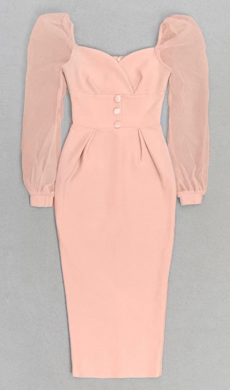 MESH SLEEVE BODYCON MIDI DRESS IN BLUSH PINK