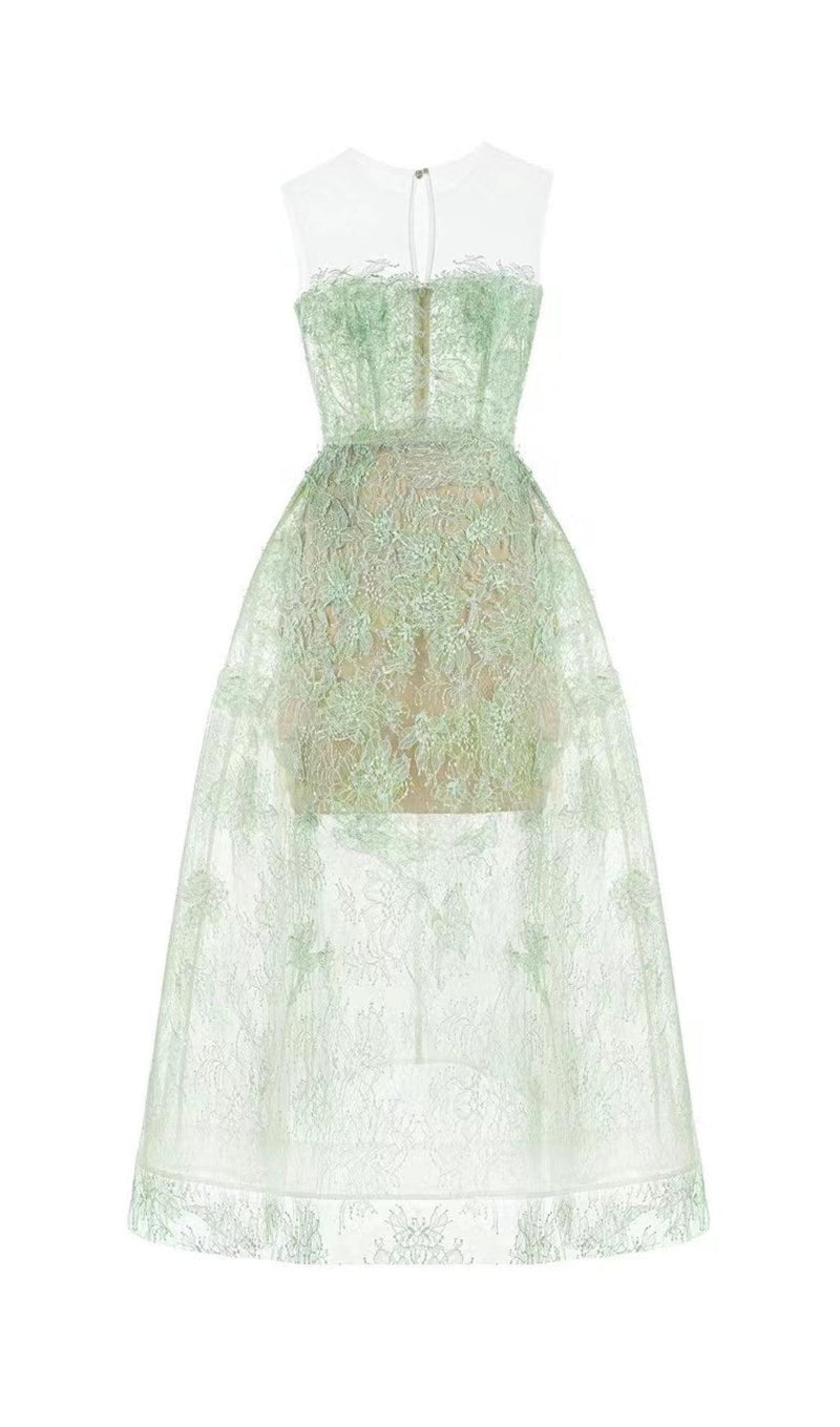 GREEN FLORAL LACE EMBROIDER MIDI DRESS