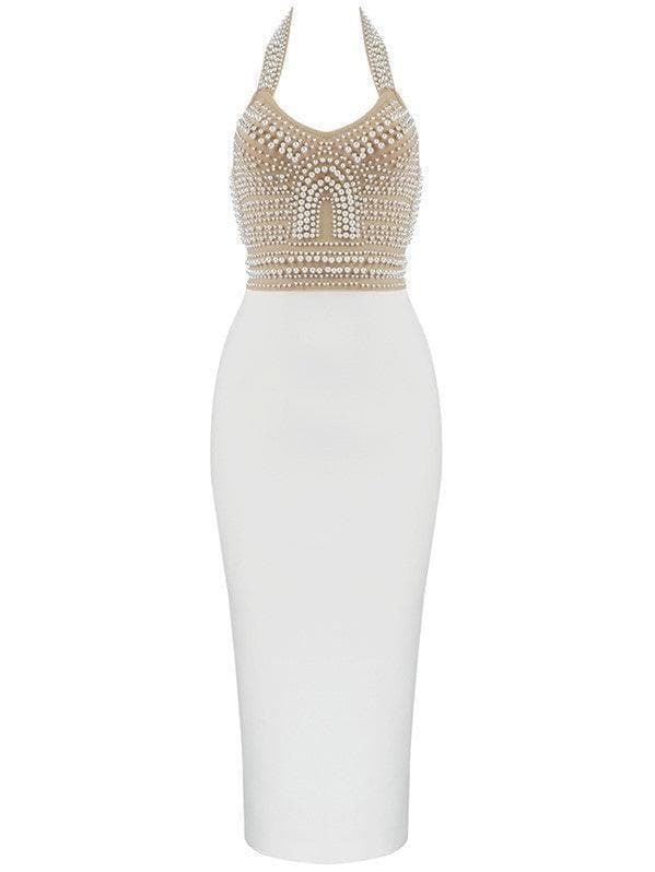 Isabella Halterneck Pearls Bandage Dress In Beige