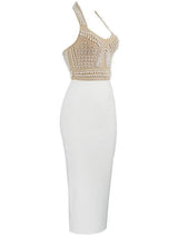 Isabella Halterneck Pearls Bandage Dress In Beige