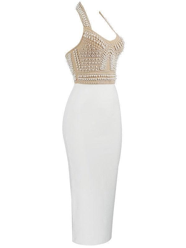 Isabella Halterneck Pearls Bandage Dress In Beige