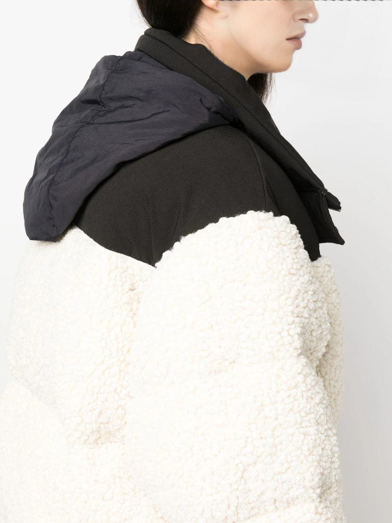 HOODED MIXED MEDIA PUFFER JACKET