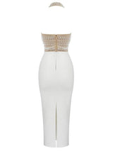 Isabella Halterneck Pearls Bandage Dress In Beige