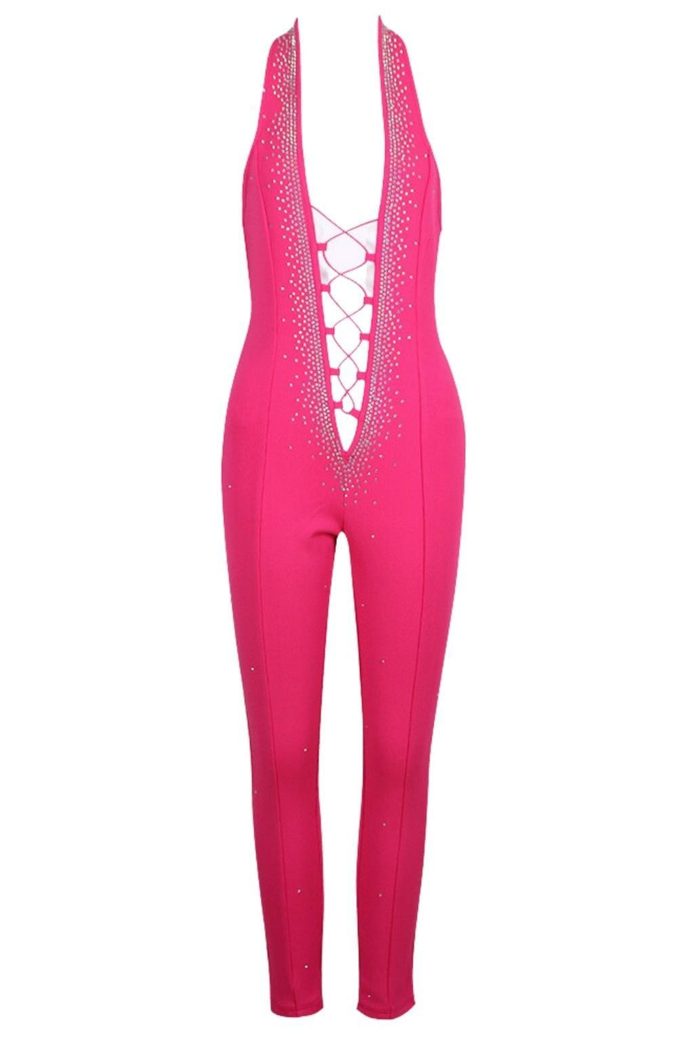 HALTER NECK CRYSTAL BACKLESS JUMPSUITS IN PINK