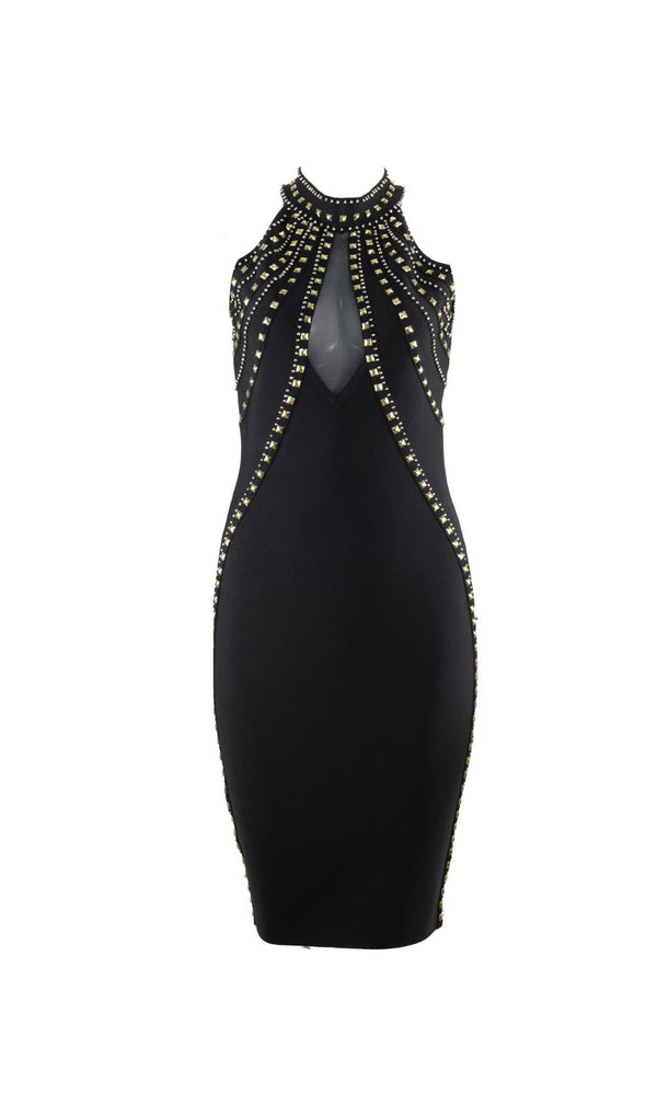 BLACK GOLD STUD BANDAGE MINI DRESS