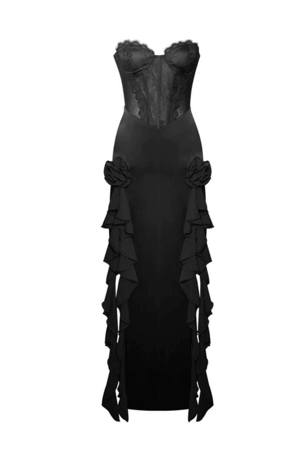 BLACK SATIN LACE CORSET MAXI DRESS