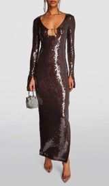 BROWN CUT OUT SEQUIN MAXI DRESS