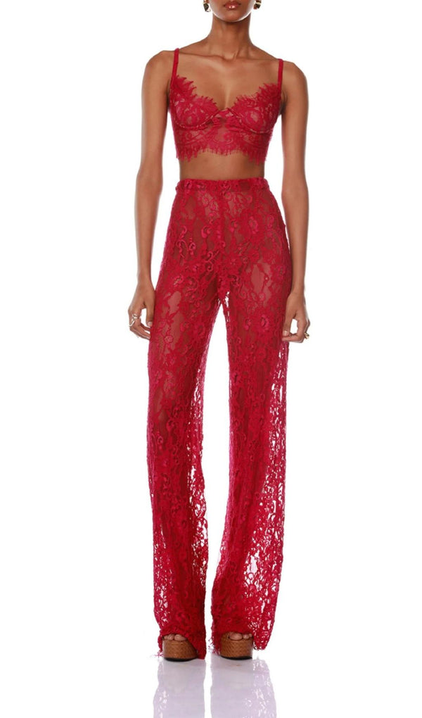 CAPRI FUCHSIA LACE BRALETTE JACKET SUIT IN RED