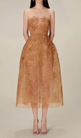 CARAMEL FLORAL LACE EMBROIDER MIDI DRESS