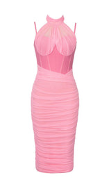 MESH CORSET MIDI DRESS IN PINK