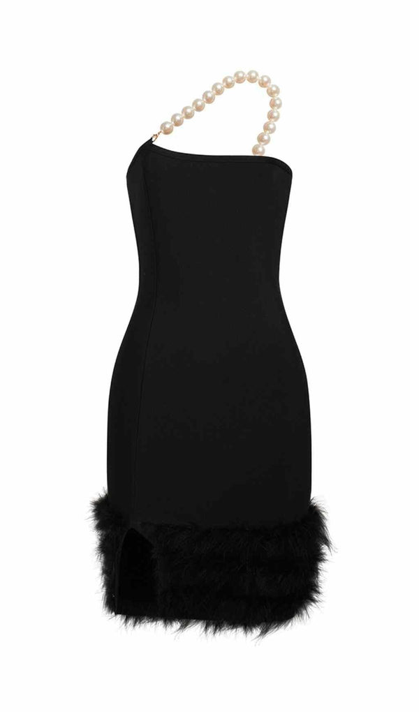 BANDAGE FEATHER PEARL MINI DRESS IN BLACK