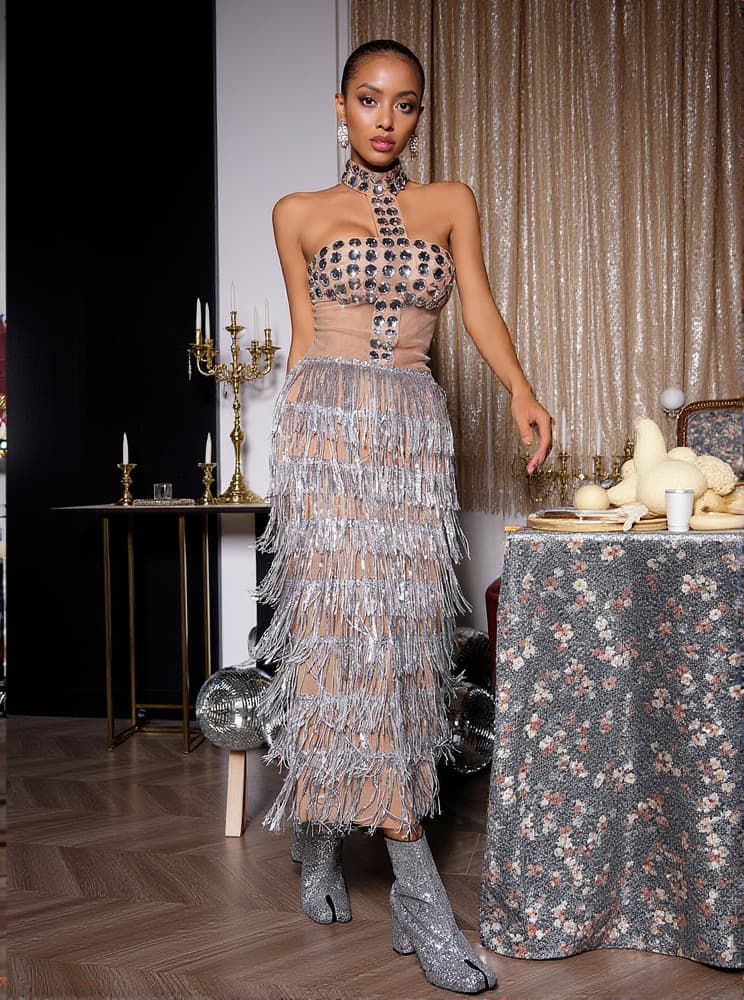 Zelie Halterneck Rhinestone Fringe Midi Dress