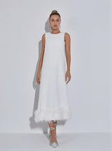 Nisha Feather Midi Dress In White