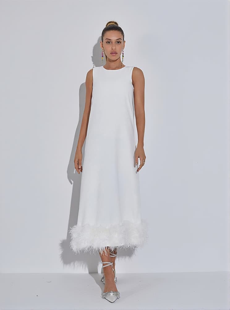 Nisha Feather Midi Dress In White