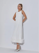 Nisha Feather Midi Dress In White