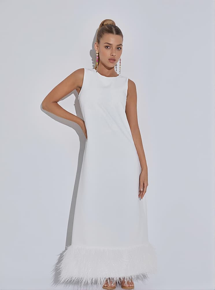 Nisha Feather Midi Dress In White