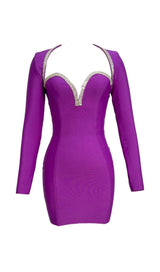 BANDAGE TWO PIECE DIAMOND ENCRUSTED RUFFLE SEXY MINI DRESS IN PURPLE