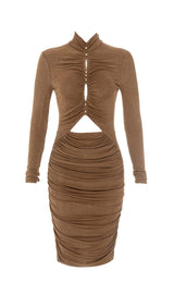 CARAMEL TURTLENECK WAIST HOLLOW PLEATED DRESS