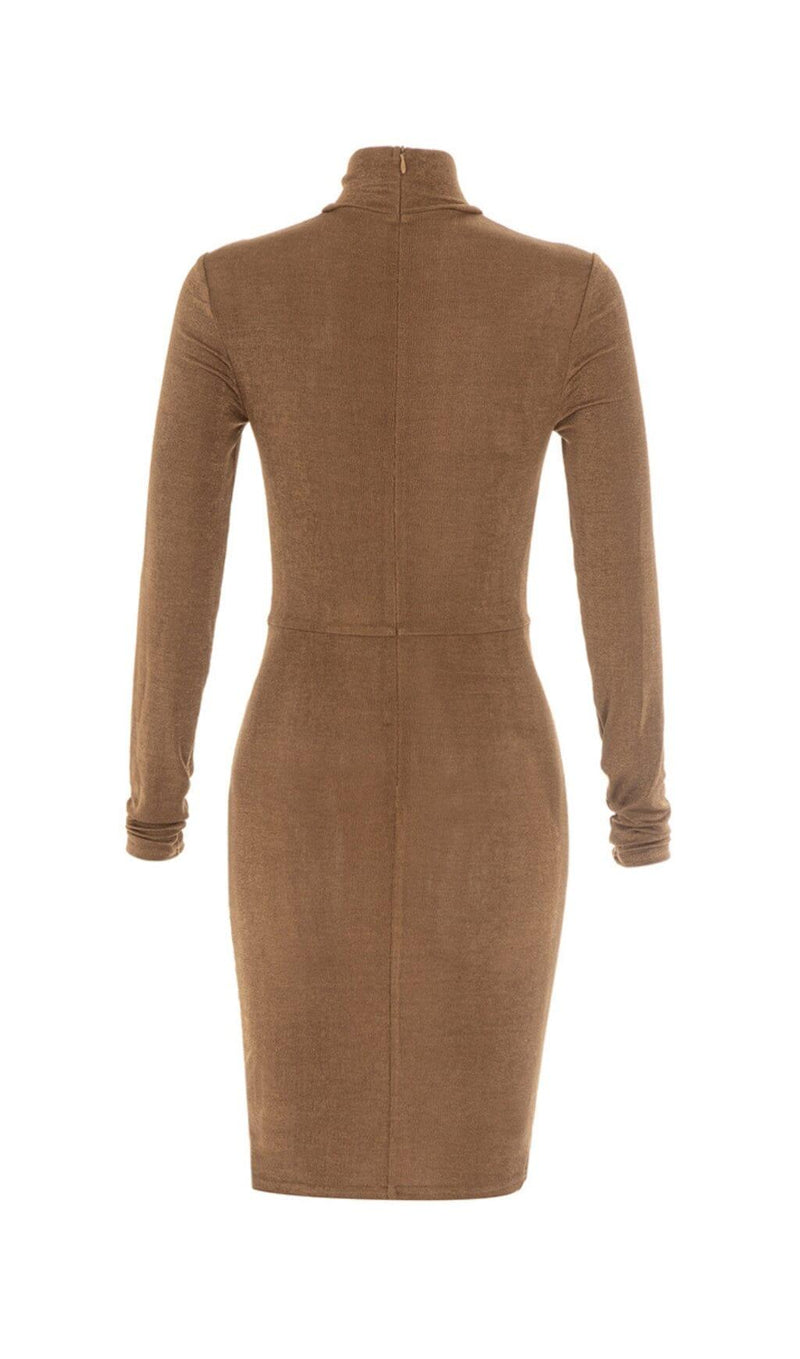 CARAMEL TURTLENECK WAIST HOLLOW PLEATED DRESS