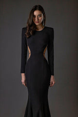 LONG SLEEVE CUT OUT BACKLESS MERMAID MAXI DRESS IN BLACK