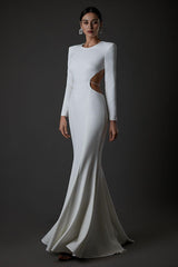 LONG SLEEVE CUT OUT BACKLESS MERMAID MAXI DRESS IN WHITE