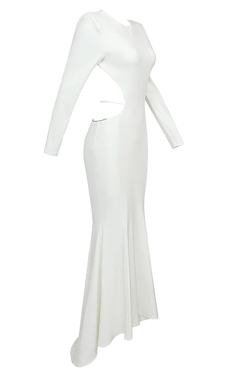 LONG SLEEVE CUT OUT BACKLESS MERMAID MAXI DRESS IN WHITE