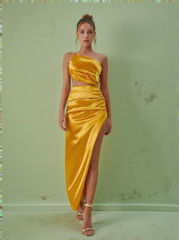 Chara One Shoulder Cutout Maxi Dress In Gold