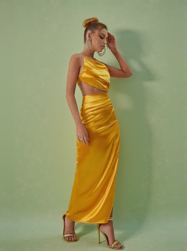 Chara One Shoulder Cutout Maxi Dress In Gold