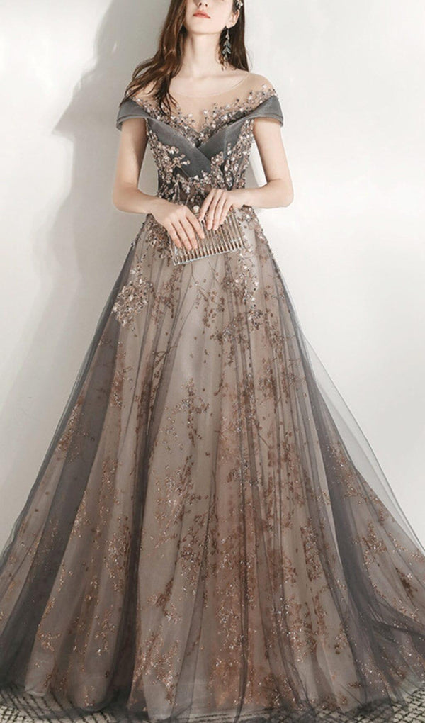 MESH HEAVY RHINESTONE COURT MAXI DRESS IN GREY