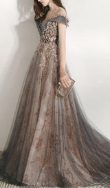 MESH HEAVY RHINESTONE COURT MAXI DRESS IN GREY