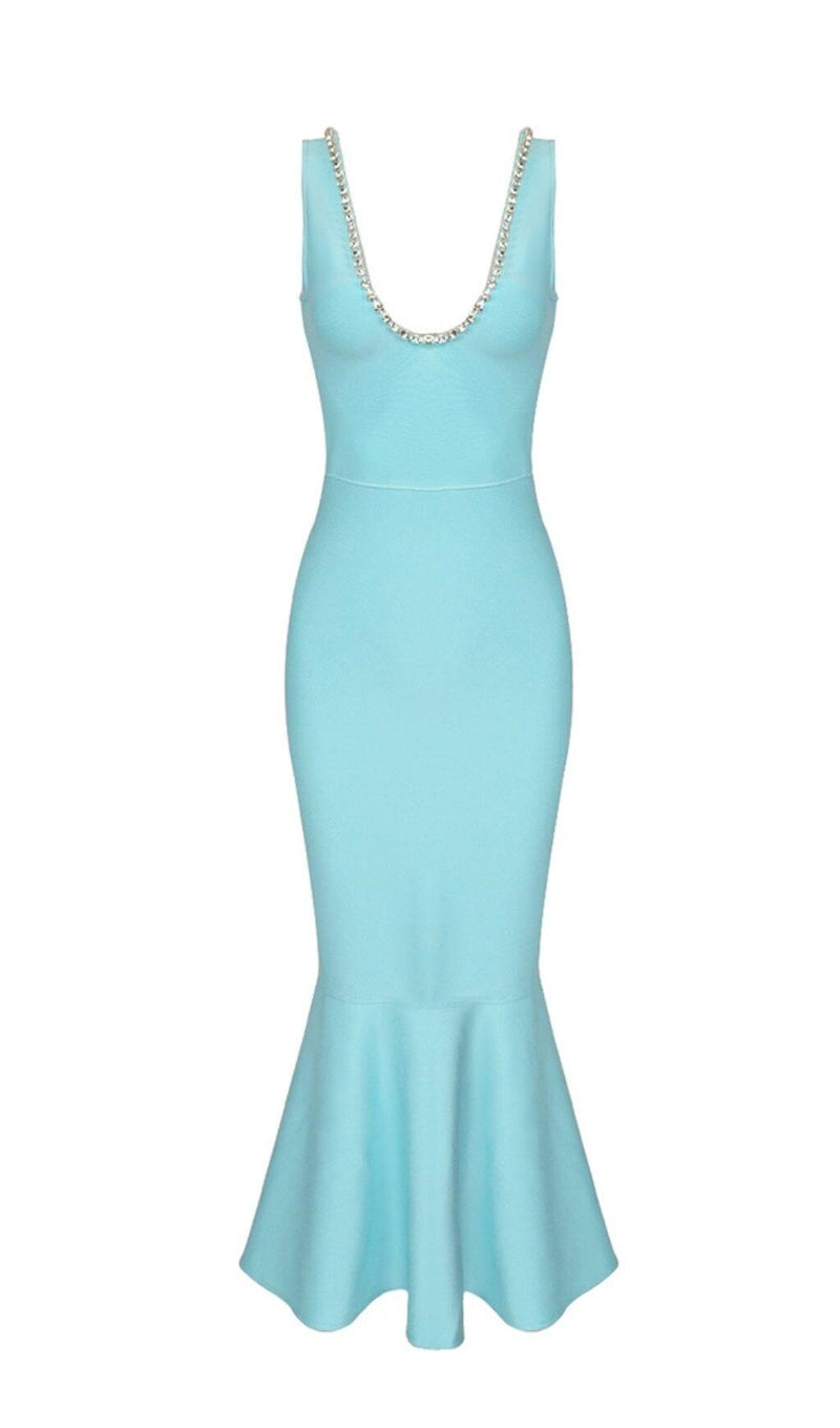 BANDAGE FISHTAIL SLEEVELESS HIGH WAIST MAXI DRESS IN AQUAMARINE