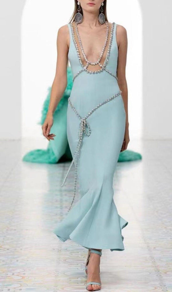 BANDAGE FISHTAIL SLEEVELESS HIGH WAIST MAXI DRESS IN AQUAMARINE