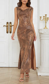 DRAPE SNAKE-PRINT SLEEVELESS DRESS IN KHAKI