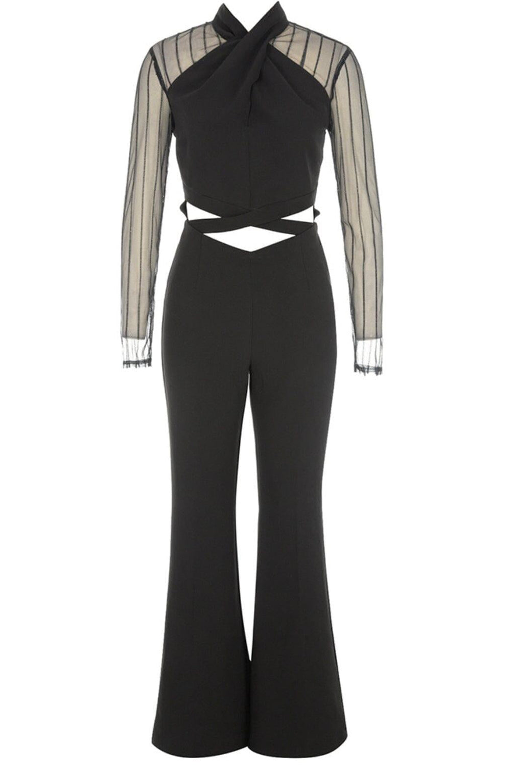 MESH STITCHED CROSS-TIE JUMPSUIT IN BLACK