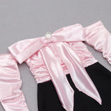 SPLICING ONE LINE SHOULDER LARGE BOW DRESS IN BLACK AND PINK