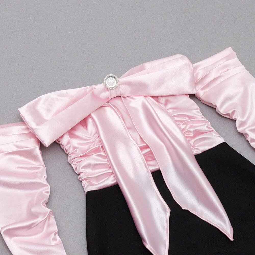 SPLICING ONE LINE SHOULDER LARGE BOW DRESS IN BLACK AND PINK