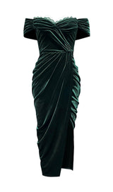 VELVET ONE-LINE SHOULDER HIGH SLIT DRESS IN DARK GREEN