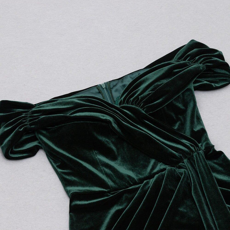 VELVET ONE-LINE SHOULDER HIGH SLIT DRESS IN DARK GREEN