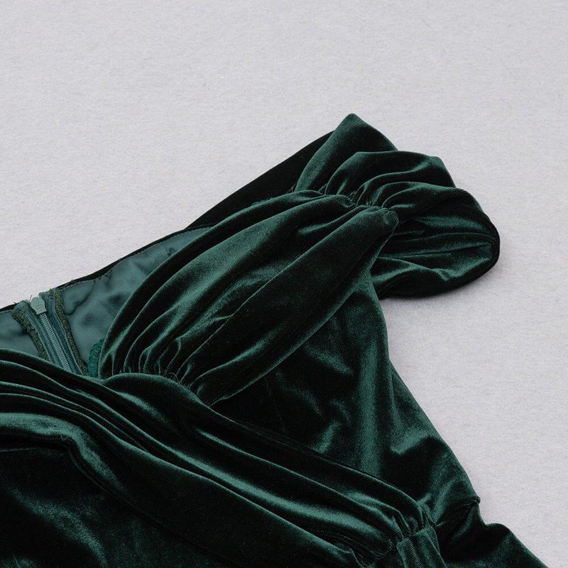 VELVET ONE-LINE SHOULDER HIGH SLIT DRESS IN DARK GREEN