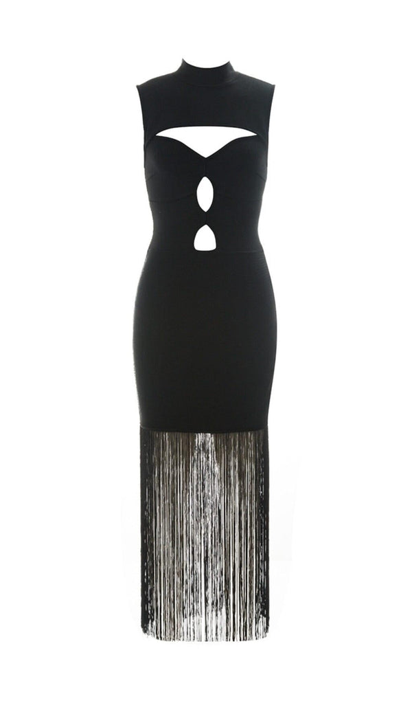 SLEEVELESS HOLLOWED OUT FRINGE DRESS IN BLACK