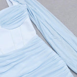 FISHBONE RUCKED WAIST ONE-LINE SHOULDER DRESS IN LIGHT BLUE