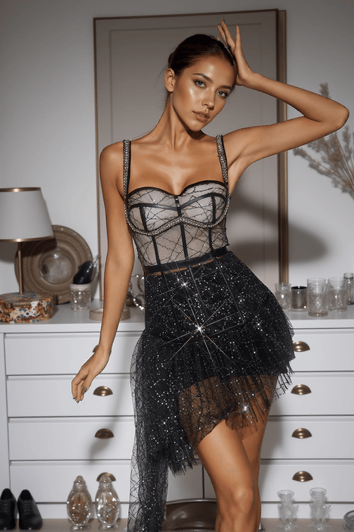 Nancy Corset Sequin Draped Set In Black