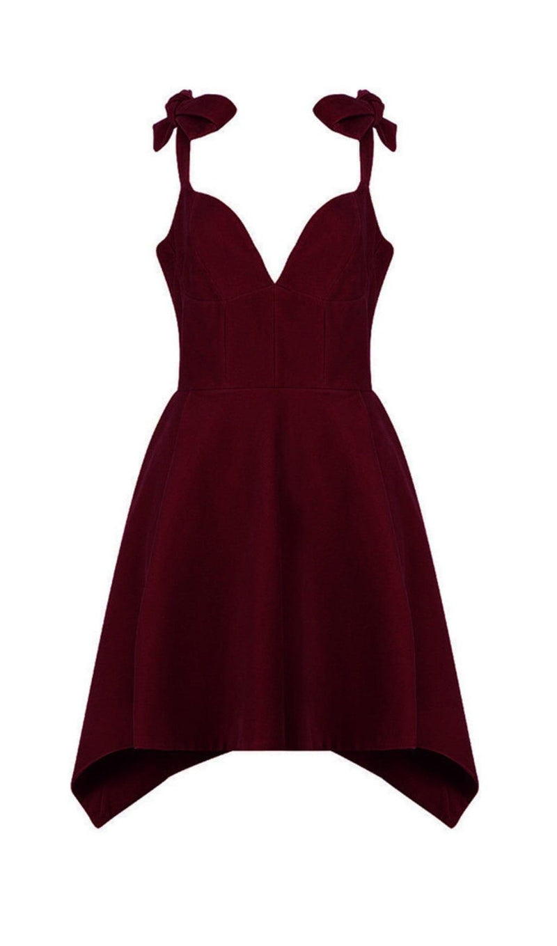 BOW SHOULDER STRAP VELVET SUSPENDER DRESS IN BURGUNDY