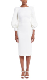 WHITE PUFF SLEEVE BACK LARGE BOW MIDI DRESS