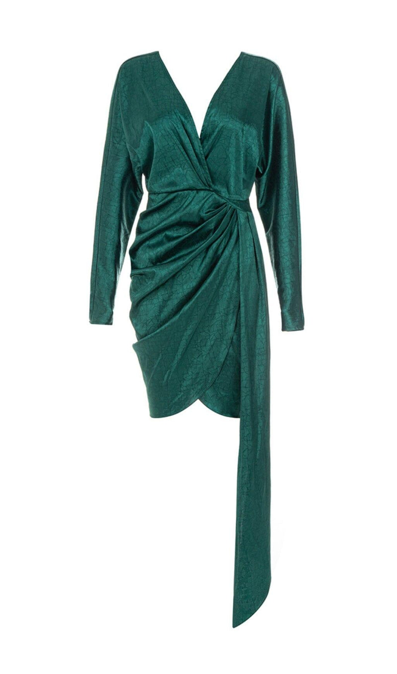 SATIN PRINT PLEATED MINI DRESS IN DARK GREEN